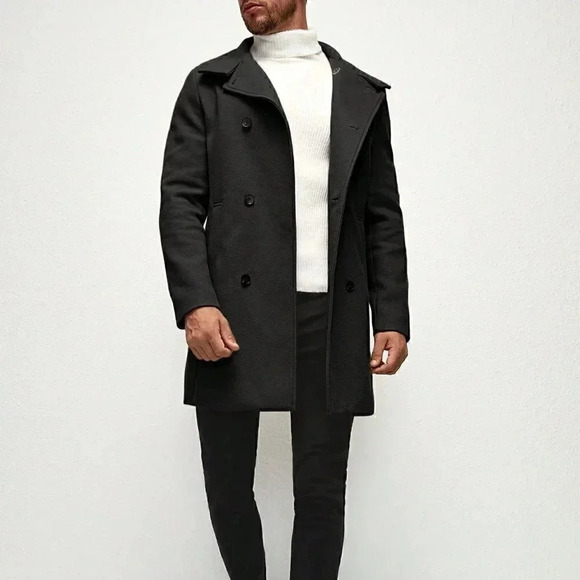 Black Preppy Mens Double Breasted Slant Pocket Overcoat